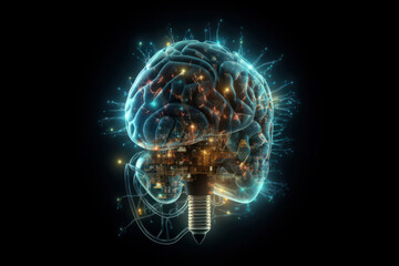 Idea generation and creativity concept with a lightbulb shaped like a brain and music notes representing inspiration and invention. AI Generative.