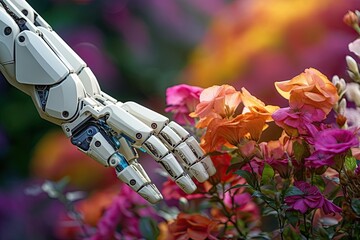 a sci-fi humanoid robot hand in a beautiful nature garden reaching out and touching beautiful flowers.