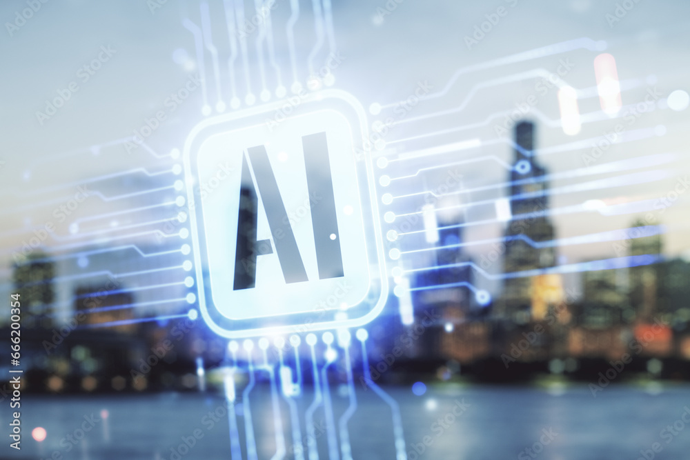 Poster double exposure of creative artificial intelligence icon on blurry cityscape background. neural netw