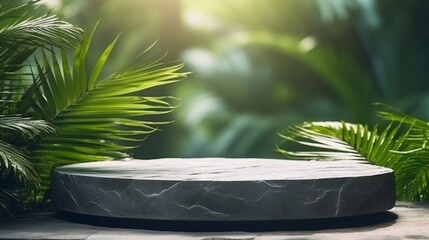 Stone podium tabletop floor outdoors blurred green palm leaf tropical forest plant nature background.Beauty cosmetic natural.