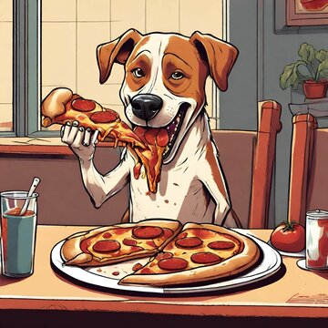 A dog eating pizza