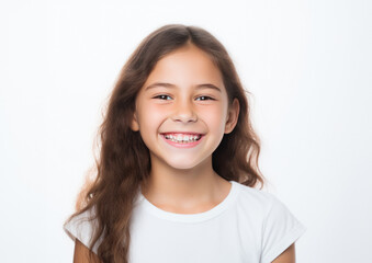 Caucasian girl smiling isolated on white background. AI generative.