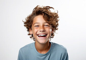 Caucasian boy smiling isolated on white background. AI generative.