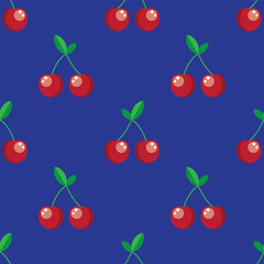 Red cherry seamless pattern on colorful background. Vector illustration.