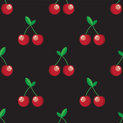 Red cherry seamless pattern on black background. Vector illustration.