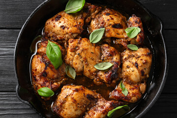 Baked balsamic chicken thighs in cast iron pan - obrazy, fototapety, plakaty