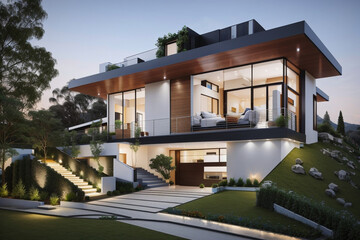 Fototapeta premium modern luxury duplex house with a flower garden and pool on the hill evening view 