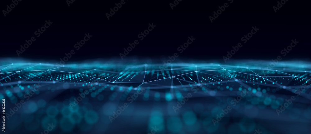 Poster Technology blue wave with lines. Big data visualization. Analytics representation. Digital background. 3d rendering.