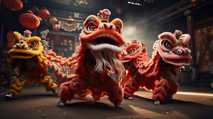 Dragon or lion dance show barongsai in celebration chinese lunar new year festival. Generative AI - obrazy, fototapety, plakaty