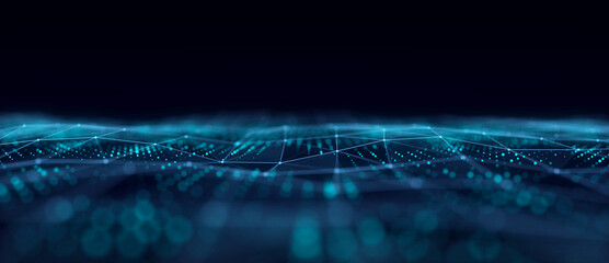 Technology blue wave with lines. Big data visualization. Analytics representation. Digital background. 3d rendering.