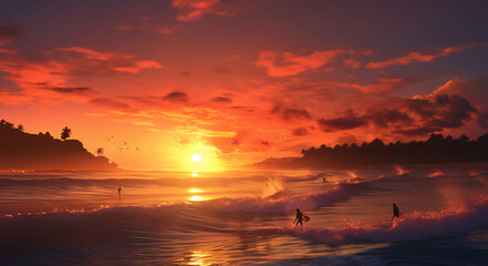 A picturesque sunset with shadowy surfers slicing through the sea conveys a stirring thrill of nature's splendour.