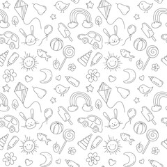 Doodle elements in children's style. Repeating pattern for wallpaper, background, textile, packaging, wrapping, baby shop, invitation and greeting card. Vector illustration isolated on white 