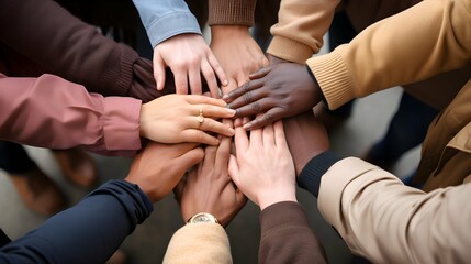 A close-up image of a diverse group of hands joined together, symbolizing teamwork, unity, and collaboration across different backgrounds.