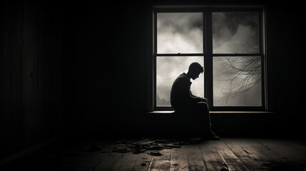 A monochrome picture showing a lonely person ruminating musingly by a window. - obrazy, fototapety, plakaty