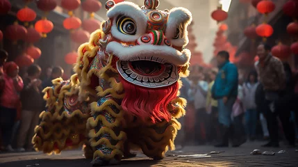 Gordijnen Dragon or lion dance show barongsai in celebration chinese lunar new year festival. Generative AI © khozainuz