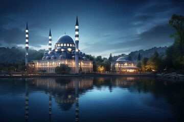 Fototapeta premium architectural beautiful Religious Islamic Grand Mosque masjid at night with the reflection in lake