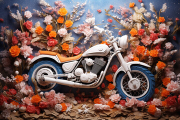 Close up of a toy motorcycle on a background of colorful flowers.