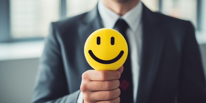 Businessman hand holding yellow paper cut happy smile face at office, positive thinking, mental health assessment, world mental health day concept, generative ai