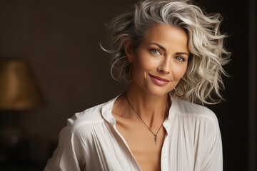Portrait of a beautiful happy woman with gray hair, a beautiful smile, healthy facial skin in a white shirt on a gray background. Concept of facial skin care, plastic surgery, healthy eating. - obrazy, fototapety, plakaty