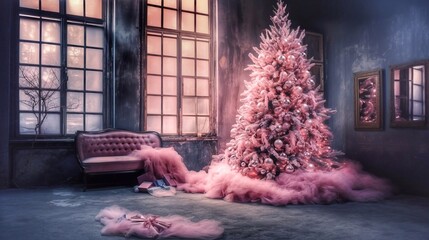 Christmas tree in a dark room with a sofa and a pink scarf