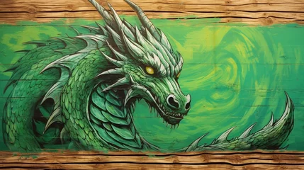 Foto op Plexiglas A drawing of a green dragon on a wooden wall. Colorful dragon painting on wood background. © Oleh