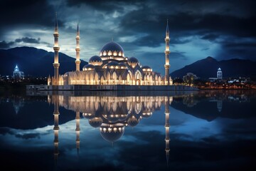 Fototapeta na wymiar architectural beautiful Religious Islamic Grand Mosque masjid at night with the reflection in lake