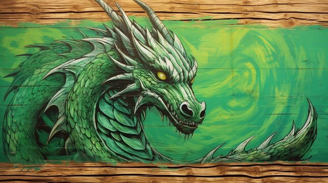 A drawing of a green dragon on a wooden wall. Colorful dragon painting on wood background.