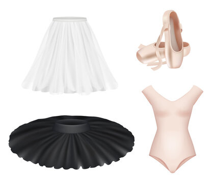 Ballet. Clothes bodysuit boots tutu skirt elegant style ballerina performance show decent vector realistic templates