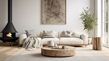 Cozy loveseat sofa near round accent coffee table. Scandinavian home interior design of modern living room in a farmhouse.