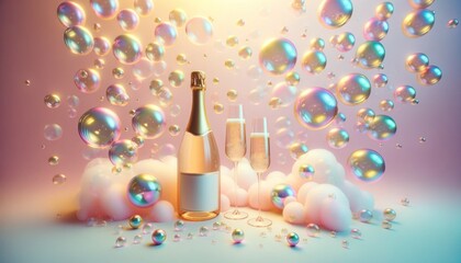 Champagne bottle and two glasses on pastel background with gradient and colorful soap bubbles. Copy space layout for text, letters, invitation card. Christmas party celebration 2024 happy new year.