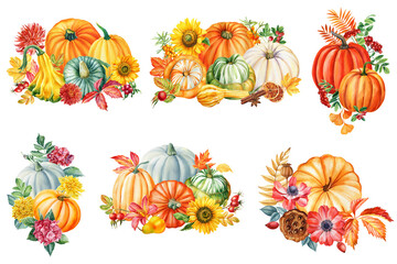 pumpkin watercolor, autumn leaves and pumpkins on isolated white background, watercolor illustration, hand drawing