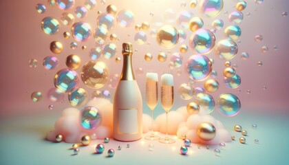 Champagne bottle and two glasses on pastel background with gradient and colorful soap bubbles. Copy space layout for text, letters, invitation card. Explosion of colors splash. 