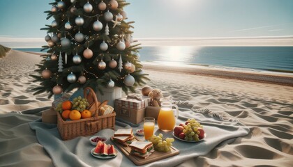 Beach picnic with christmas tree with decorations. Copy space layout for text, letters, invitation card. Christmas party celebration 2024 happy new year.