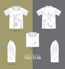 T-shirt 3d realistic mock up, male white t-shirt vector template front back view. Blank apparel design for men, sportswear, casual clothing
