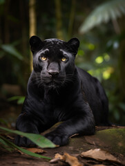 Naklejka na ściany i meble A black panther looking at the camera in a jungle illustrated using generative Ai