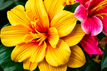 The vibrant colors of a variety of tropical blooms, including yellow hibiscus flowers, orange tiger lilies, and pink orchids, arranged in an artistic composition. of ecological environment