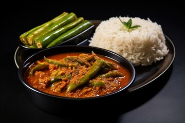 Spicy okra dish with onion tomato gravy, served with rice and roti. Generative AI