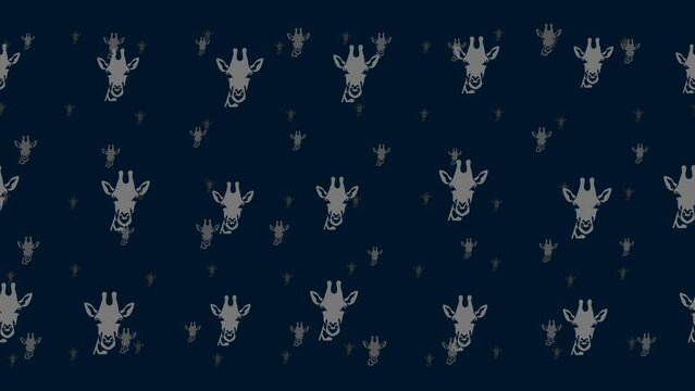 Giraffe head symbols float horizontally from left to right. Parallax fly effect. Floating symbols are located randomly. Seamless looped 4k animation on dark blue background