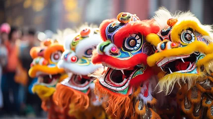 Foto op Plexiglas A group of chinese lion dancers perform in a street. DōngzhìFestival. Generative AI © khozainuz