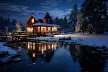 Fototapeta na wymiar a beautiful cozy wooden house covered with snow at night in cold snowy weather