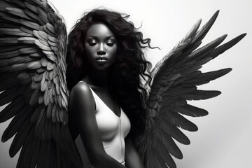 Black and white female angel. Generative AI.