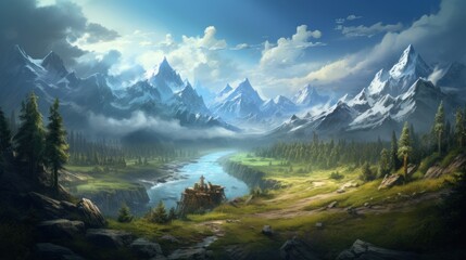 Fototapeta na wymiar Open World Fantasy Landscape Game Art