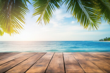 wooden table, copy space, advertising, background, banner, wooden deck, holiday, vacation, freedom, relaxation, blue sky, sea, palm tree, happiness, happiness, fun, journey, trip, extraordinary, beach