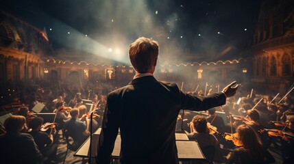 A seasoned maestro oversees a symphony performance from the rear.