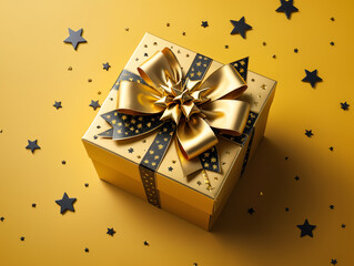 A golden gift box with a gold ribbon on a yellow background, Elegant Gift, Luxury Present