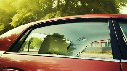 A red vehicle's rear window in the sun is a mock-up for stickers or decals.