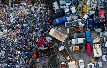 Car compound for scrap metal recycling viewed from above