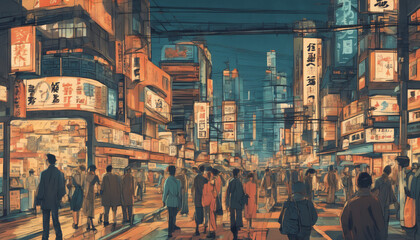 japan, city, evening, sunset, buildings, architecture, atomic age, vibrant, highly detailed, retro-futuristic, vintage sci-fi, 50s style, 60s style, cityscape, urban, skyline, building, street, view, 