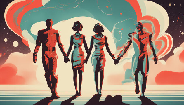 A retro-futuristic illustration of abstract, diverse people holding hands with hearts in the background