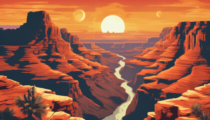 Retro-futuristic illustration of a grand canyon at sunset. 